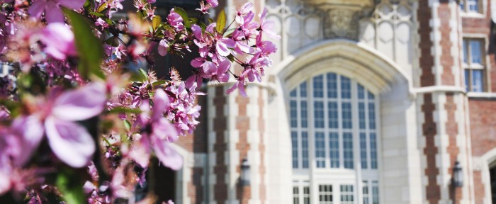Administrative Building with flowers in front of it