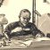 Cartoon edit of man using magnifying glass