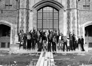 Students celebrating the completion of Grasselli Tower