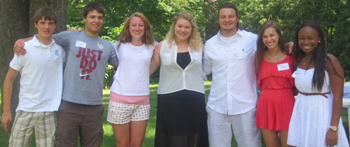 On July 20, Molly ’75 and Dave Robinson hosted their annual incoming freshman picnic at their home in Bloomfield Hills, Mich., which included (from left): Nick Stoneback, Max Wolfe, Sarah Poronto, Bailey Baringer, Matt Cramer, Maria Pangori, and Abriel Neely.
