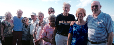 Classmates and their wives (from left): Dona and Jack Martin, Rita and Jack Kinney, Nancy and Jerry Donatucci, Cheryl and Dick Hartman, and Carolyn DeMateo and Emmitt Feely
